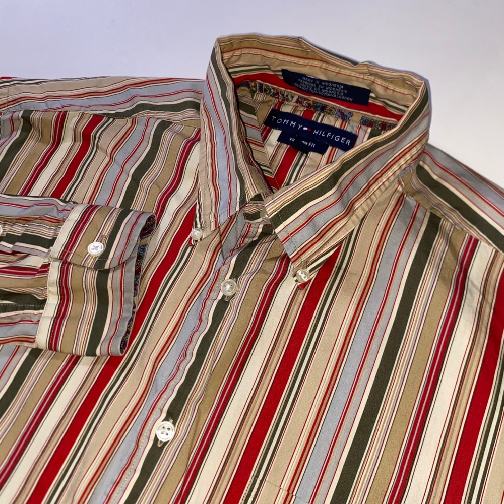 Tommy Hilfiger Mens Vintage Fit Striped Button Down Shirt Red Tan Olive Large
